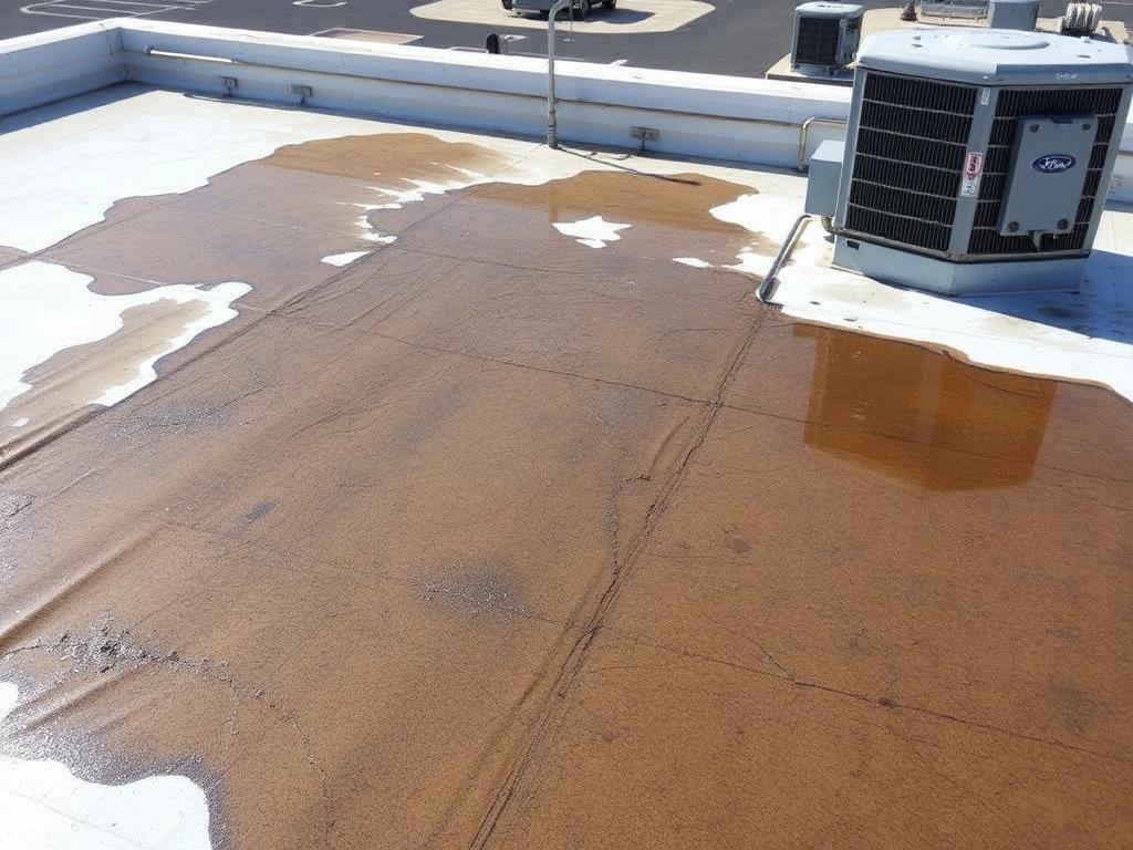 Failing commercial flat roof with ponding water before TPO install