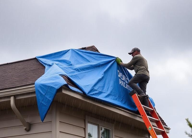 Roofer installing emergency tarp on a leaking roof during a storm in Allen