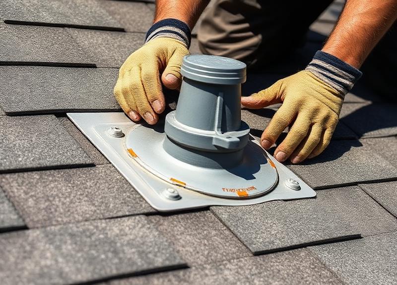 Roofer resealing a plumbing vent flashing on a shingle roof