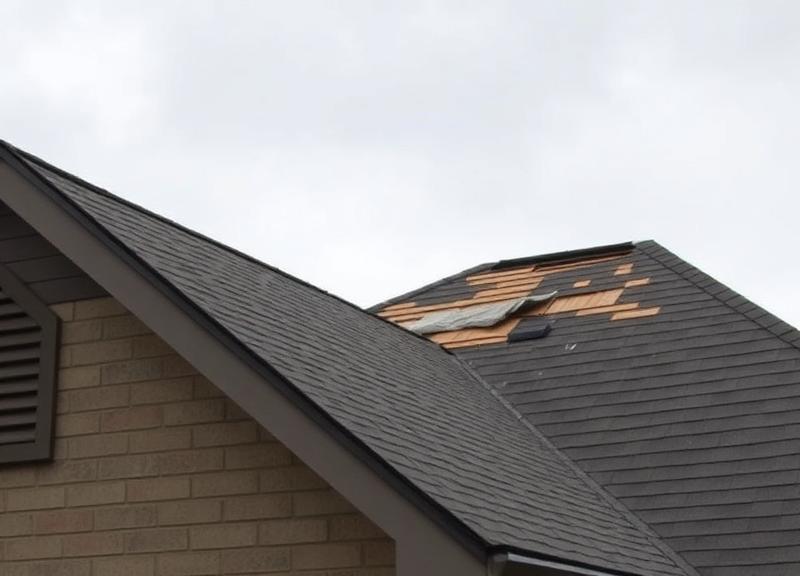 Wind damaged shingles along ridge line of Garland home