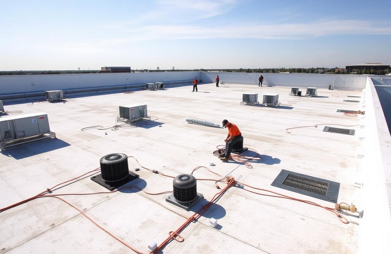 Commercial roofing crew working on a flat TPO membrane roof with HVAC units