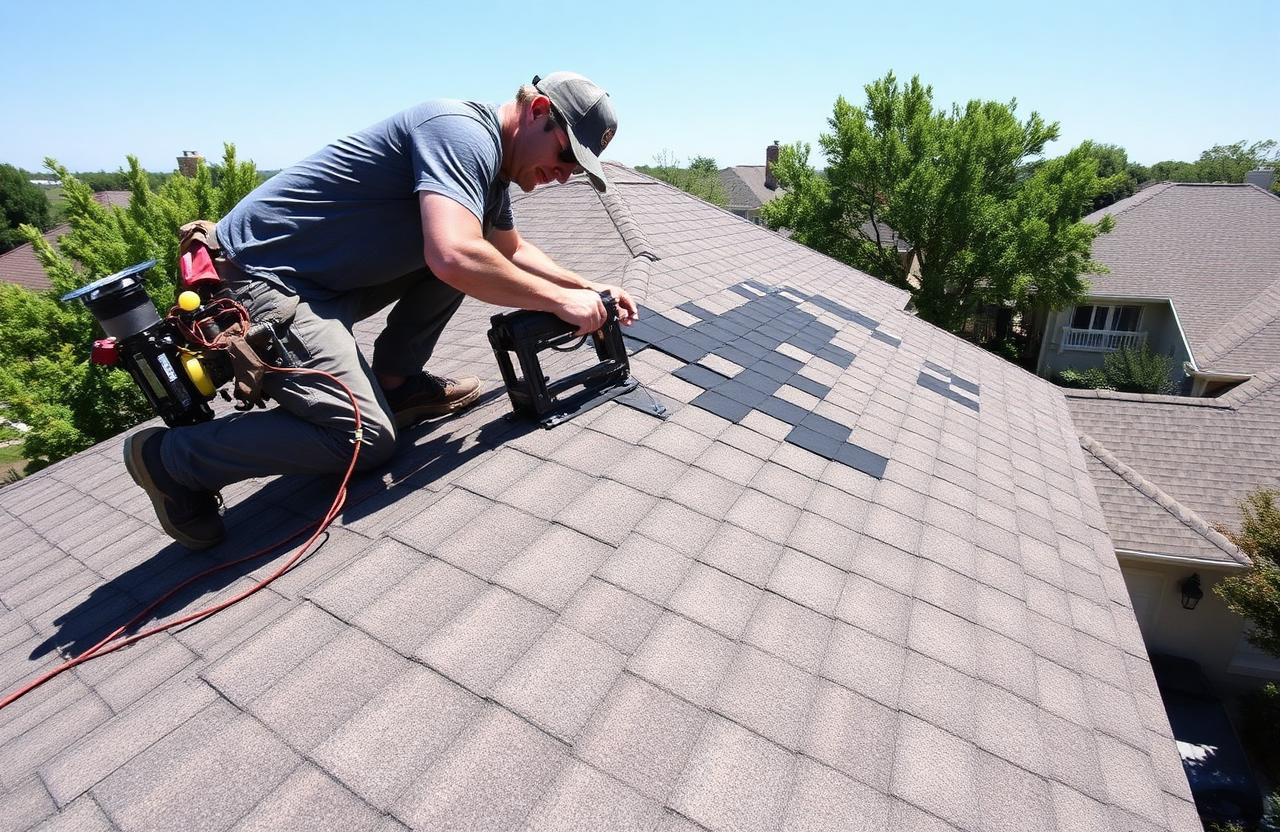 Roofing technician performing a roof repair on a residential asphalt shingle roof