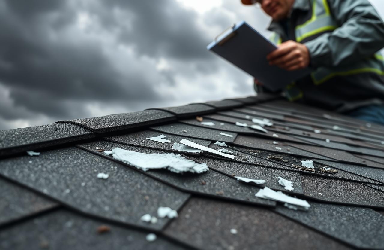 Roofing inspector documenting hail damage and missing shingles after a storm